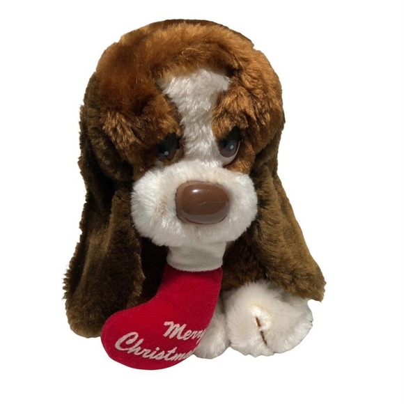 Vintage Russ Baxter Plush Basset Hound Dog with Merry Christmas Stocking 7" - Picture 1 of 10